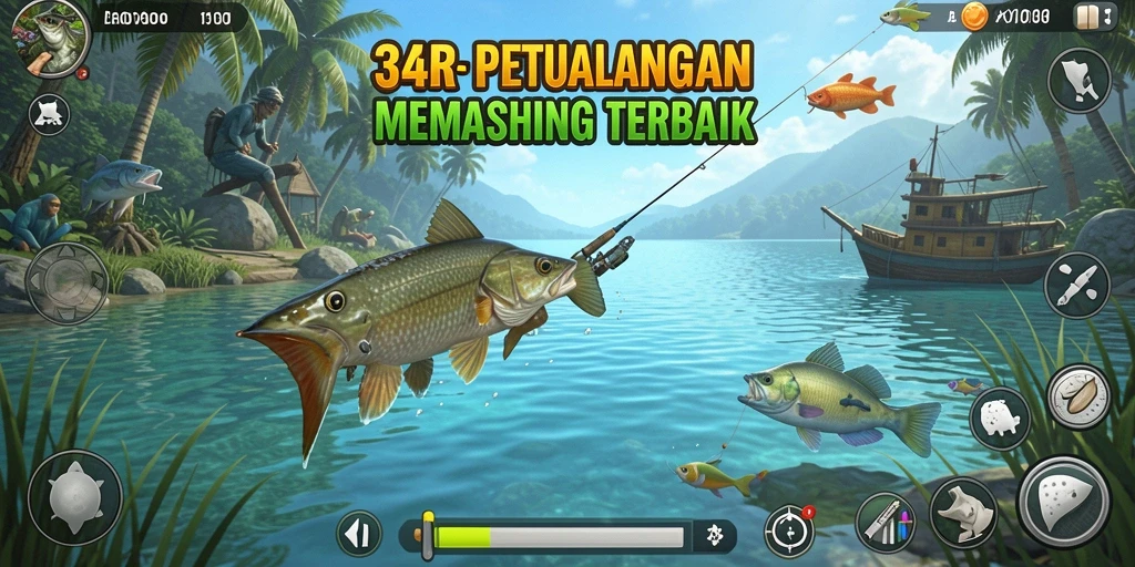 Tampilan gameplay <strong>34R</strong> dengan pemandangan memancing yang menakjubkan.