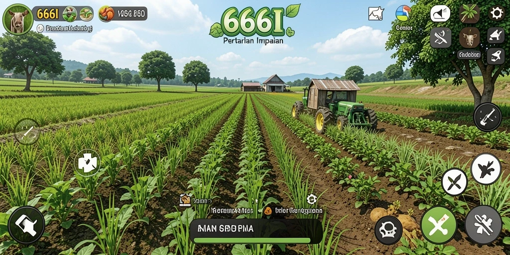 Tangkapan layar utama 666I menampilkan aktivitas bertani yang seru dan interaktif.