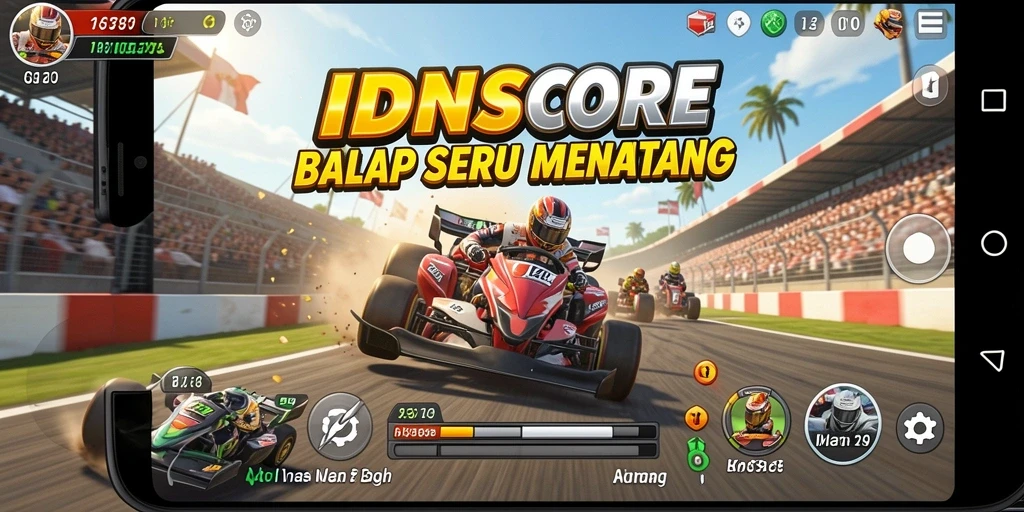 Gameplay balapan seru di IDNSCORE dengan mobil-mobil cepat.