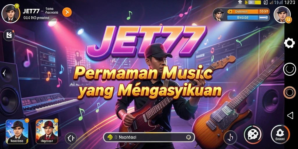 Screenshot JET77 menampilkan gameplay penuh warna dengan tantangan musik yang menarik.