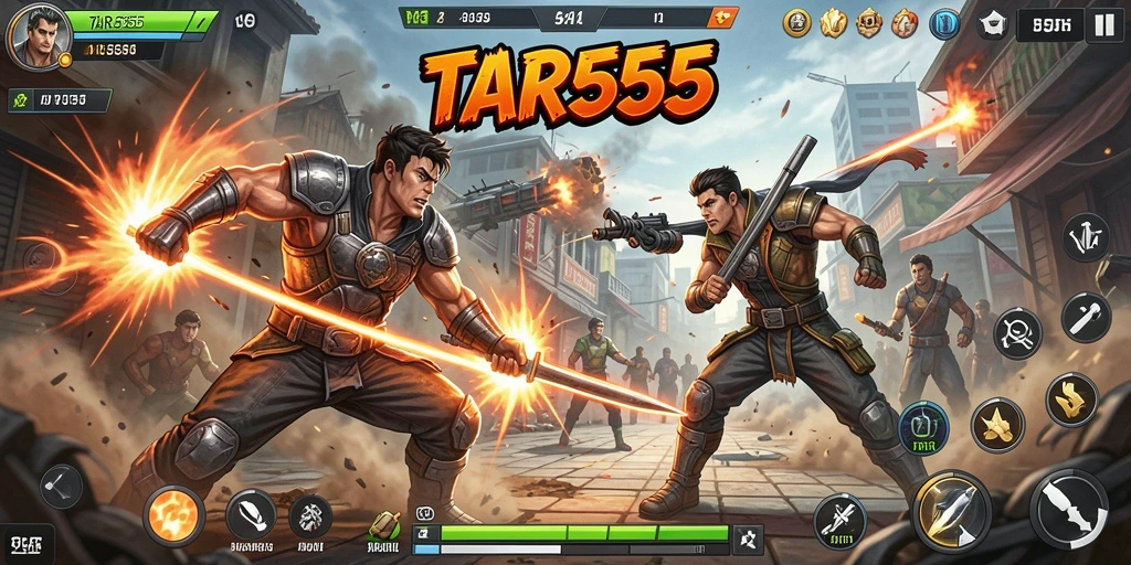 Screenshot gameplay TAR555 menampilkan pertarungan yang intens dan karakter yang beragam.